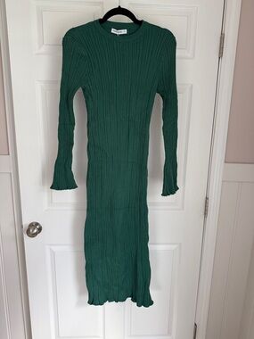 Forest Green Ribbed Long Sleeve Knit Dress